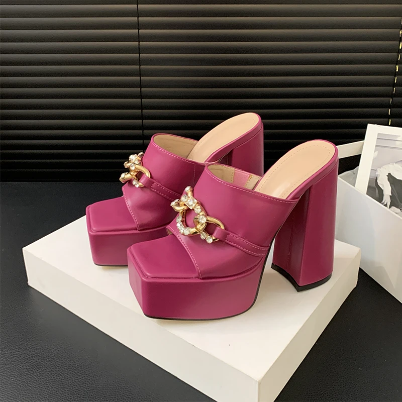 

Platform Peep Toe Metal Decoration Women's Slippers Sandals Thick High Heels Slip On Slides Genuine Leather Shoes For Women Sexy