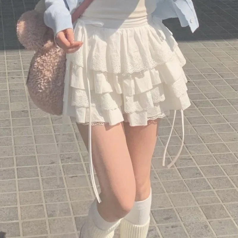 White Mini Skirts Women Lace Patchwork Sweet A-line High Street Bow Korean Fashion Y2k Skirt Harajuku All-match Streetwear Ins 5