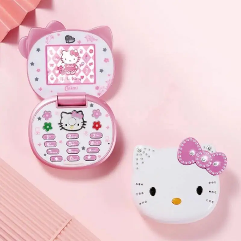 

Kawaii Sanrio Hello Kitty Flip Phone Cartoon Cute Children White Pink Mini Phone Birthday Gifts For Kids Toys For Gir