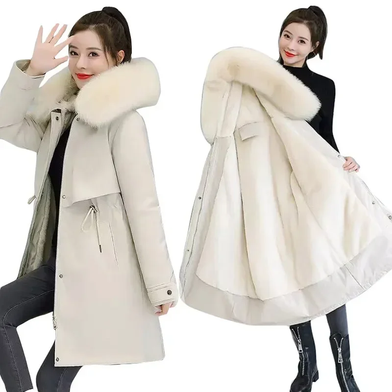 

Winter Jacket New 2024 Korea Women Parka Clothes Long Coat Wool Liner Hooded Fur Collar Thick Warm Snow Wear Padded