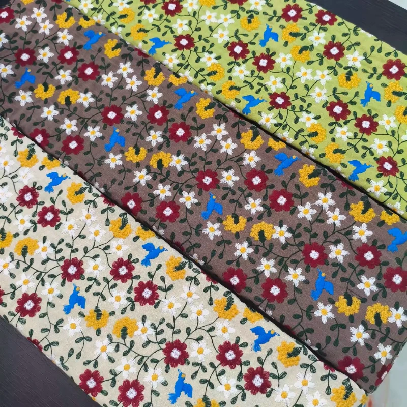 ผ้าปักลายดอกไม้ นก สวน ผ้าฝ้ายผสม วัสดุทำกระเป๋า แฟชั่นวินเทจสำหรับผู้หญิง ฤดูใบไม้ร่วง ฤดูหนาว วัสดุงานฝีมือสิ่งทอ 1