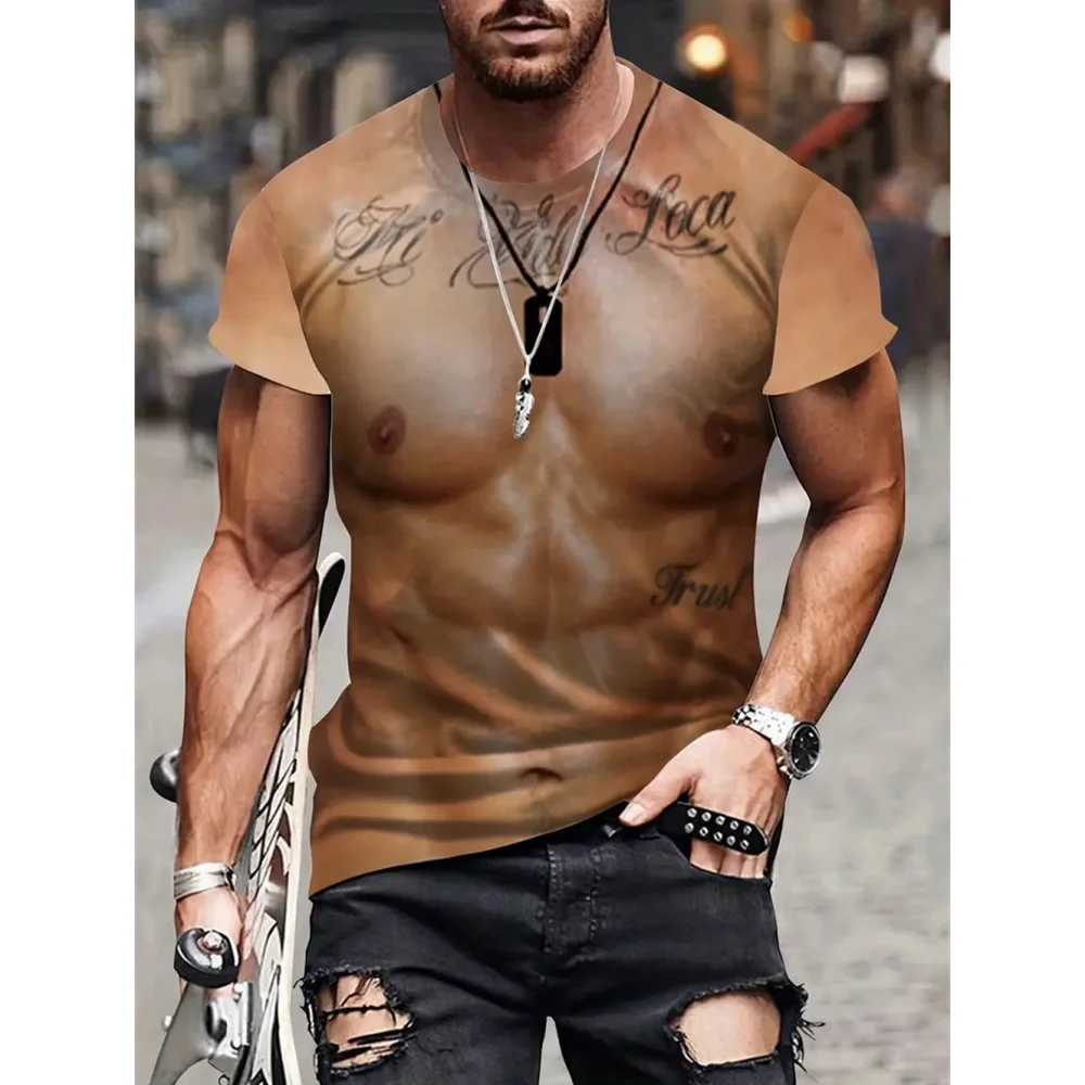 Men's 3D T-Shirt Bodybuilding Simulated Muscle Shirt Nude Skin Chest Muscle  Tee Shirt Short-Sleeve 2XL 