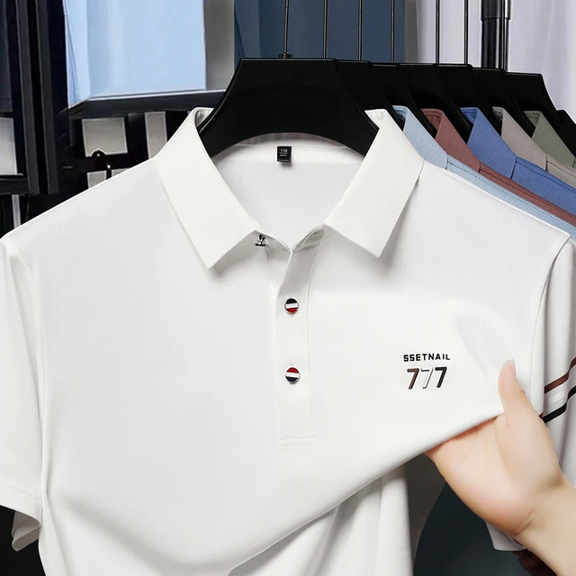 Polo de lujo para hombre, camiseta de manga corta transpirable a rayas con solapa y estampado en el pecho, camiseta informal de moda para negocios de verano para hombre