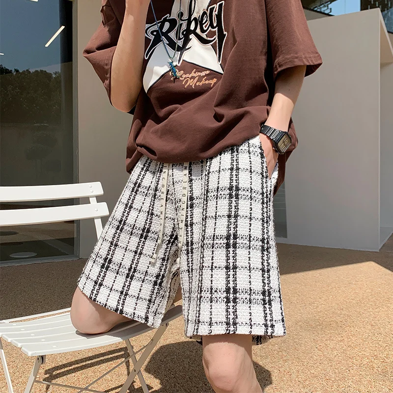 2022 Summer New Men's Hong Kong Style Shorts Fashion Plaid Elastic Waist Shorts Outdoor Sports Casual Shorts M-5XL