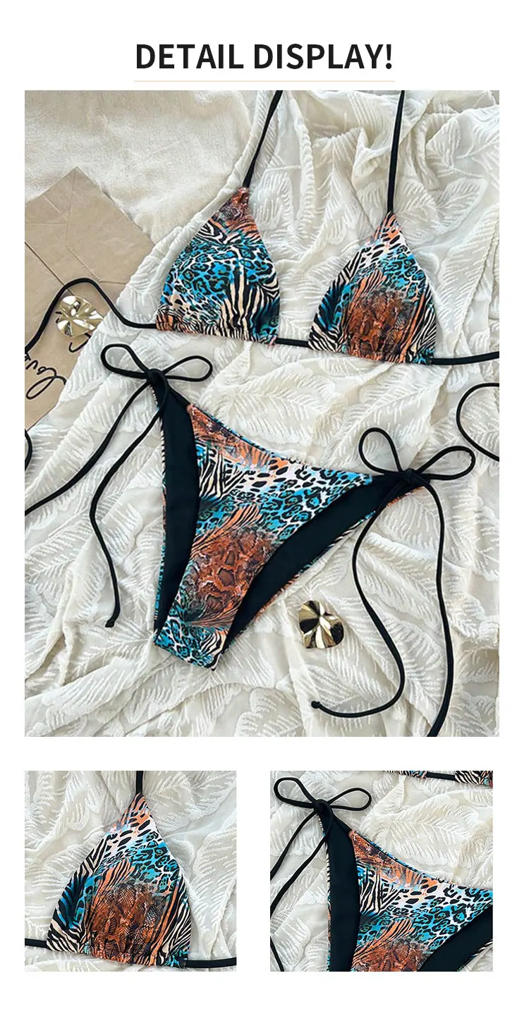 Sexy 2-teiliges Badeanzug-Set mit Leopardenmuster, dreieckiger BH, Hosenträger, Neckholder, rückenfrei, Bikini-Set, Strandurlaub, Schnür-Badebekleidung, Trikini – Detail 5