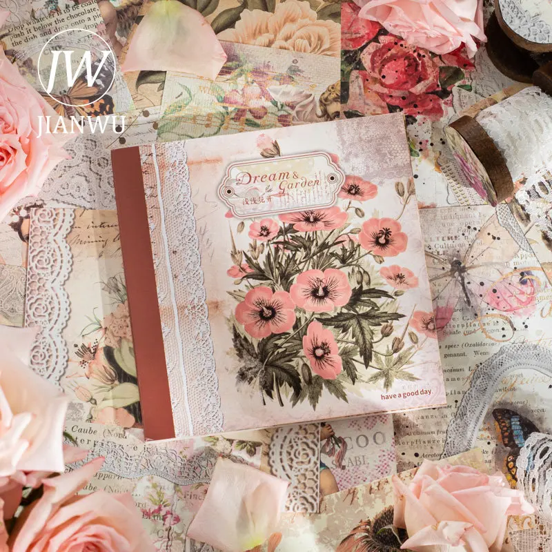 

JIANWU 50 Sheets Dream Garden Series Vintage Lace Handbook Collage Material Paper Creative DIY Junk Journal Decor Stationery