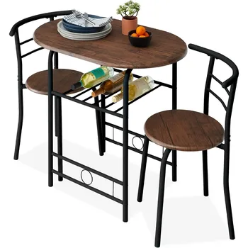 3-Piece Round Dining Table Set with Wine Rack – Black/Brown 1