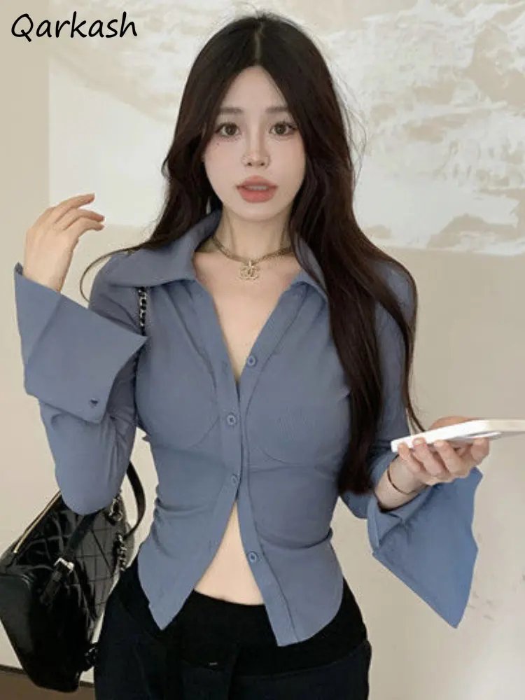 

Flare Sleeve Shirts Women 5 Colors Crop Tops Hotsweet Slim Chic Spring All-match Streetwear Fashion Tender Korean Style Simple