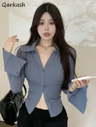 Flare Sleeve Shirts Women 5 Colors Crop Tops Hotsweet Slim Chic Spring All-match Streetwear Fashion Tender Korean Style Simple