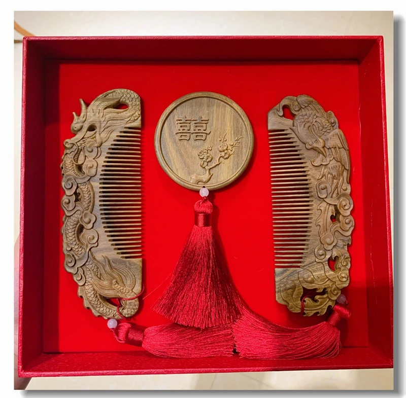 Wedding Comb Gift Pair Parents Accompany Dowry Dragon and Phoenix Mirror Set Handmade Chinese Wood Carving Green S |