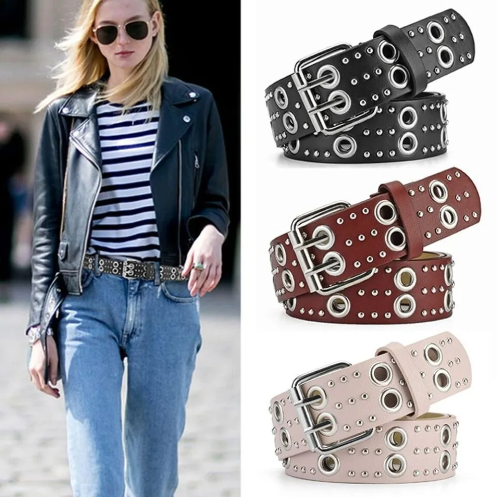 

Hip Hop Style Hollow Rivet Waistband Fashion High-quality Punk Double Row Needle Buckle Belt PU Leather Waist Belt Versatile