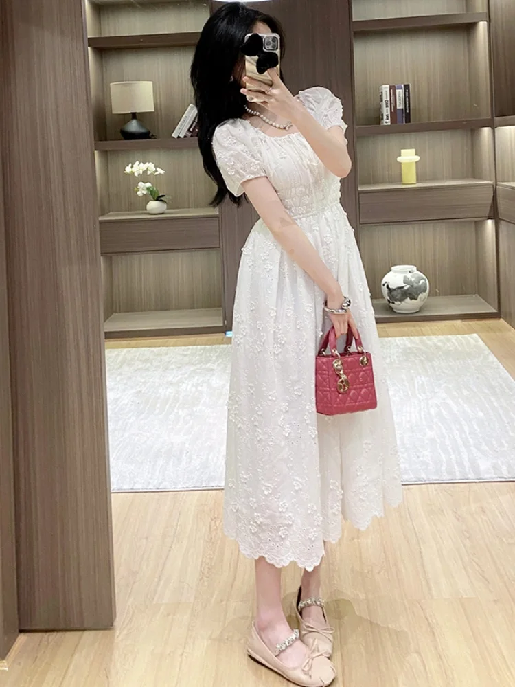 New Fashion Summer French Elegant Jacquard Drawstring White Dress Women's Slash Neck Puff Short Sleeve Dimensional Flowers Dress - AliExpress 200000345 New Fashion Summer French Elegant Jacquard Drawstring White Dress Women's Slash Neck Puff Short Sleeve Dimensional Flowers Dress - AliExpress 200000345