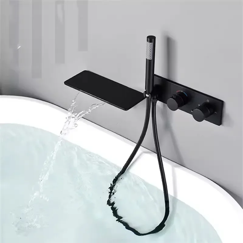 Description Picture 3 of itemBrushed Gold Thermostat Bathtub Shower Faucet Set Brass Hot & Cold Mixer Tap With Handheld In-Wall Waterfall Type Gun Gray/Black