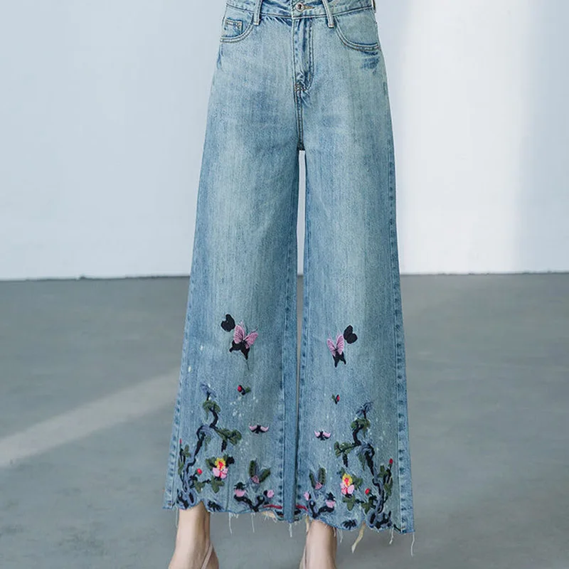 

Oversize Embroidered Flared Denim Pants Womens Summer New Thin High Waist Ethnic Style Jeans Loose Casual Cropped Wide Leg Jeans