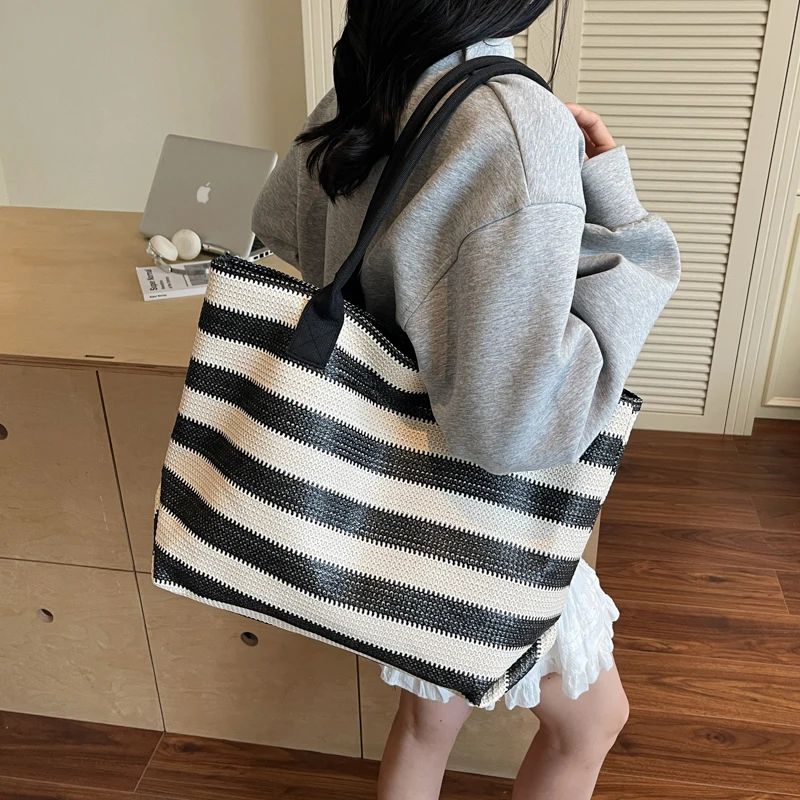 borsa luxury donna borsa donna borsa mare donna MOODS Borse tote grandi a righe per donna Borse a tracolla shopper di grande capacità con design intrecciato in tessuto di paglia Borse da spiaggia estive 2025 - immagine 5