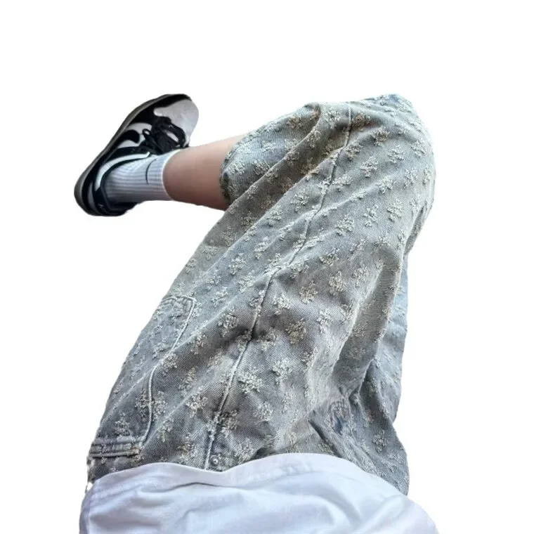 Retro American Street Style Men's Denim Shorts Full Print Embroidery Loose Fit Summer Casual Wide Leg Pants
