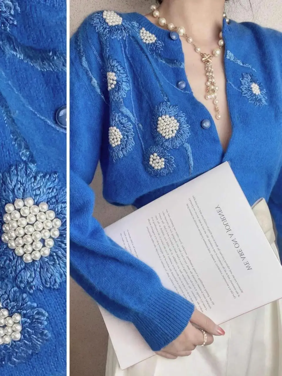 Cárdigan de punto con bordado de perlas de lujo para mujer, jersey