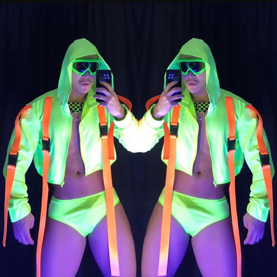 

Men's Nightclub Fluorescent Green Gogo Pole Dancing Clothing Jacket Coat Shorts Rave Outfit Hip Hop Street Dance Costume