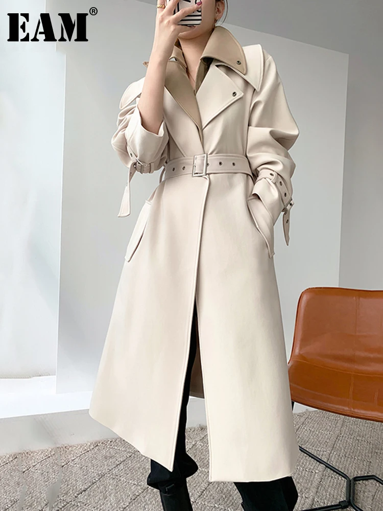 

[EAM] Women Beige Big Size Long Trench New Lapel Long Sleeve Loose Fit Windbreaker Fashion Tide Spring Autumn 2024 1DE1721