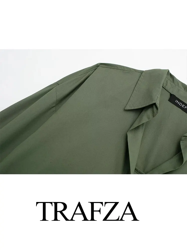 TRAFZA 2024 봄 신사복 포플린 오피스 셔츠 세련된 V 넥 싱글 브레스트 우아한 여성 스트라이프 캐주얼 셔츠 streetwear