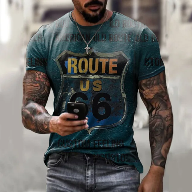 2022 Summer New Men's Retro T-Shirts US Route 66 Letter Print Short Sleeve Oversized Loose Clothes Crew Neck Top Streetwear 6xl D580