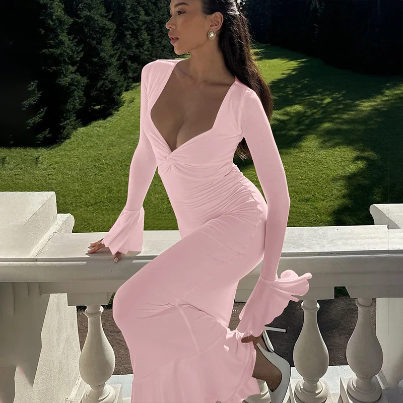 Vestido largo de otoño con volantes para mujer, elegante vestido de fiesta de retazos con cintura alta y manga larga para desplazamientos diarios, ropa femenina