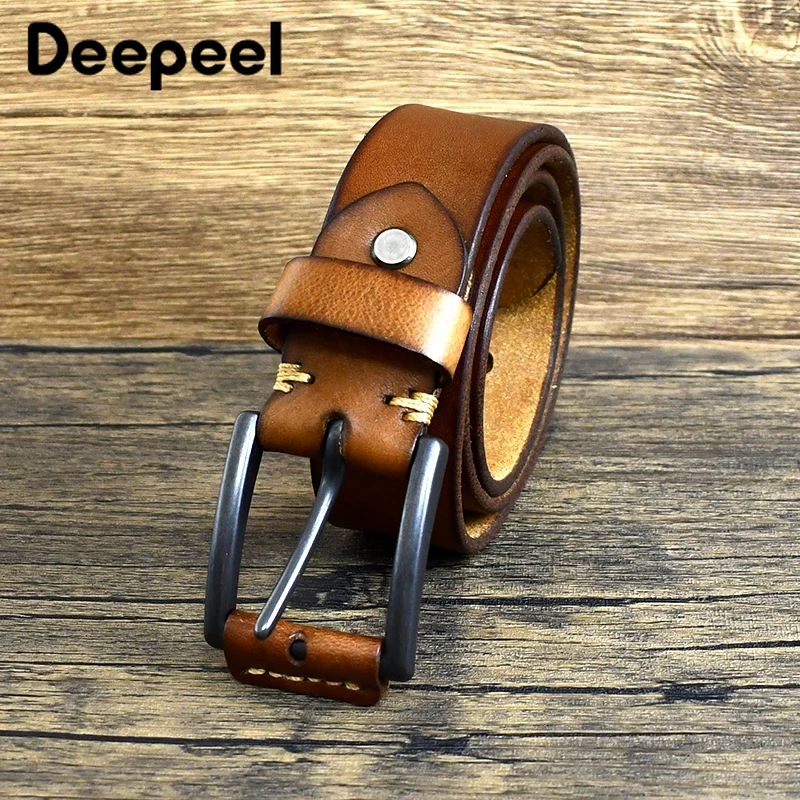 Deepeel 3.8cm Wide 105-125cm Retro Genuine Leather Belt Men's Pin Buckle Head Layer Cowhide Fashion Waistband Casual Jeans Belts