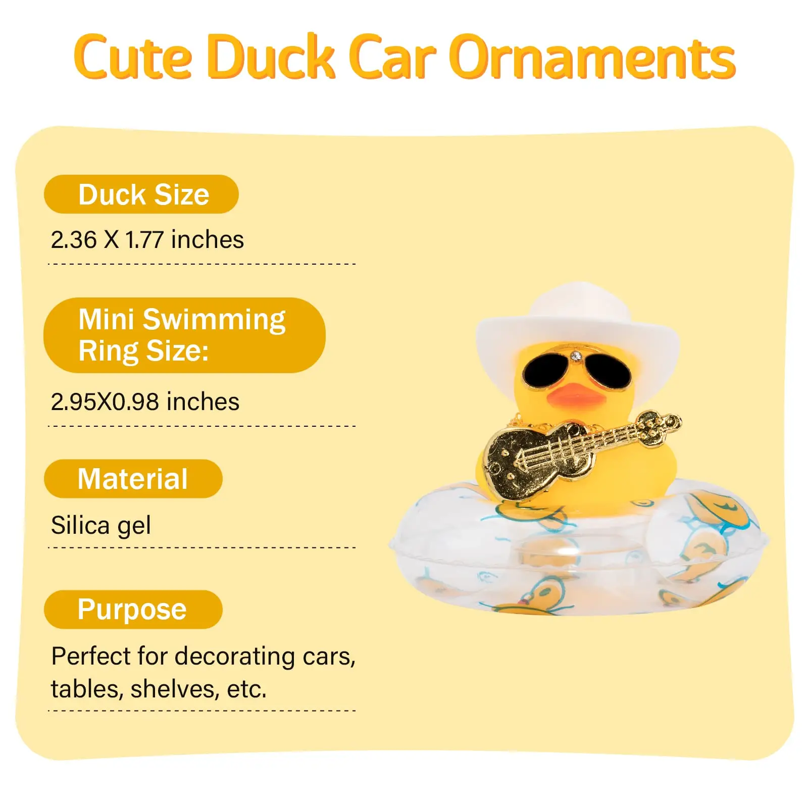 Car Duck Ornament Dashboard Decorations for Car Rubber Accessories with Sunglasses Hat Necklace Swim Ring and Mini Musical Instr 2