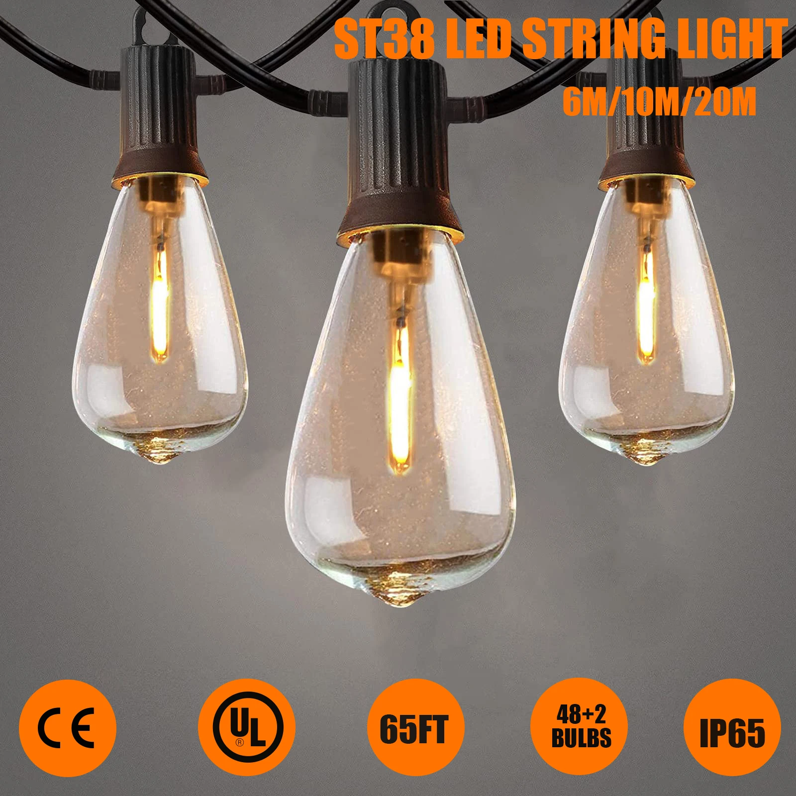 65FT LED Outdoor String Lights ST38 Plastic Shatterproof LED Bulb Party Lights IP65 Waterproof Patio Decor Garland Lights String saipwell ip65 dc550v 1000v 15a plastic pv solar stings combiner box junction