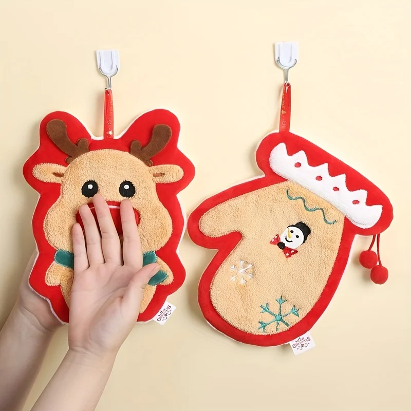 Baby Towel Cute Christmas Hanging Towel For Baby, Coral Fleece Quick-drying Fingertip Towel for Kids, Soft With Hanging Loop