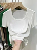 2024 New Sle Women's Slim Fit ort Sve T-irt Square Collar Tead Design Faionable Spring Summer Top Casual Wear - Image 3