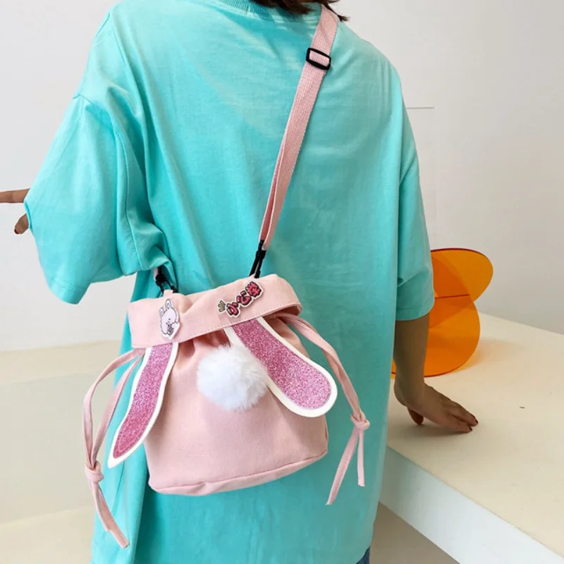 Women Lovely Rabbit Ear Canvas Bags 2022 New Japanese Style Girls Bucket Bag Casual Shoulder Messenger Bag
