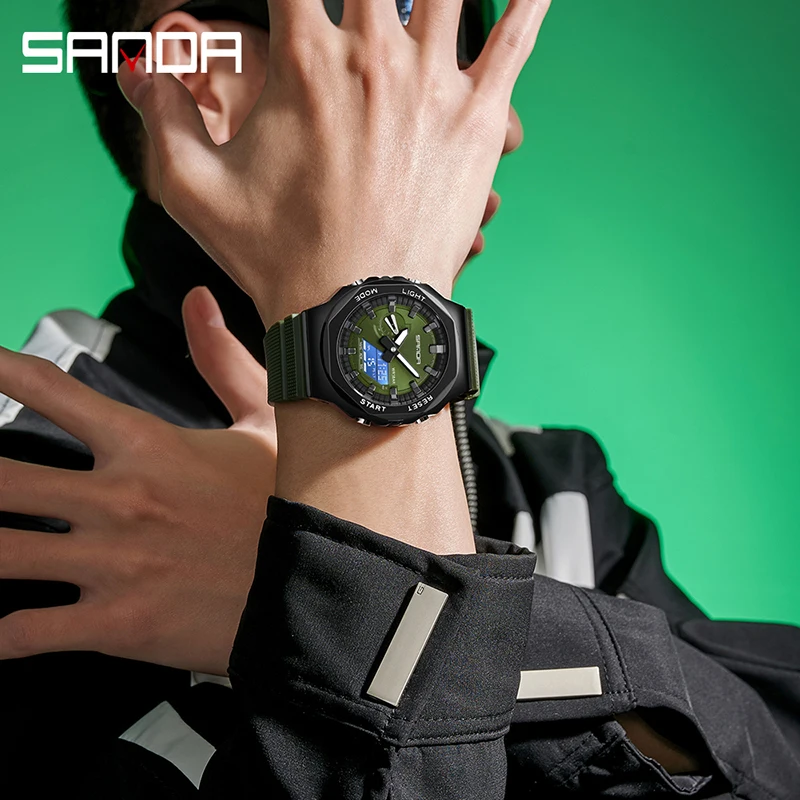 SANDA New Style Men Military Sport Wrist Watch Blue Quartz Steel Waterproof Dual Display Male Clock Watches Relogio Masculino