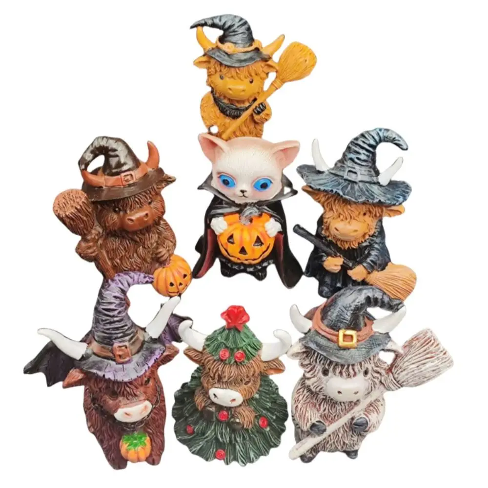 Description Picture 3 of itemHalloween Tabletop Ornament Resin Christmas Highland Cow Statue Funny Cute Cow Figurine Decorative Animal Sculpture Garden