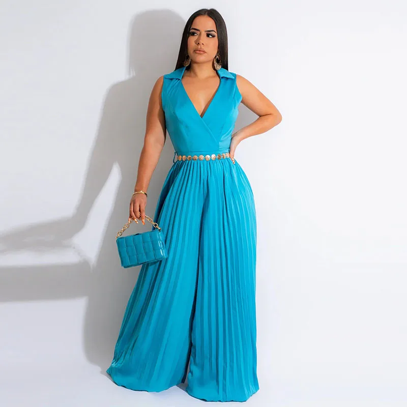 

Summer Sleeveless Pleated Jumpsuit For Women Solid Elegant Office Lady Casual V-Neck Loose Wide-Leg Floor Length Romper Vestidos