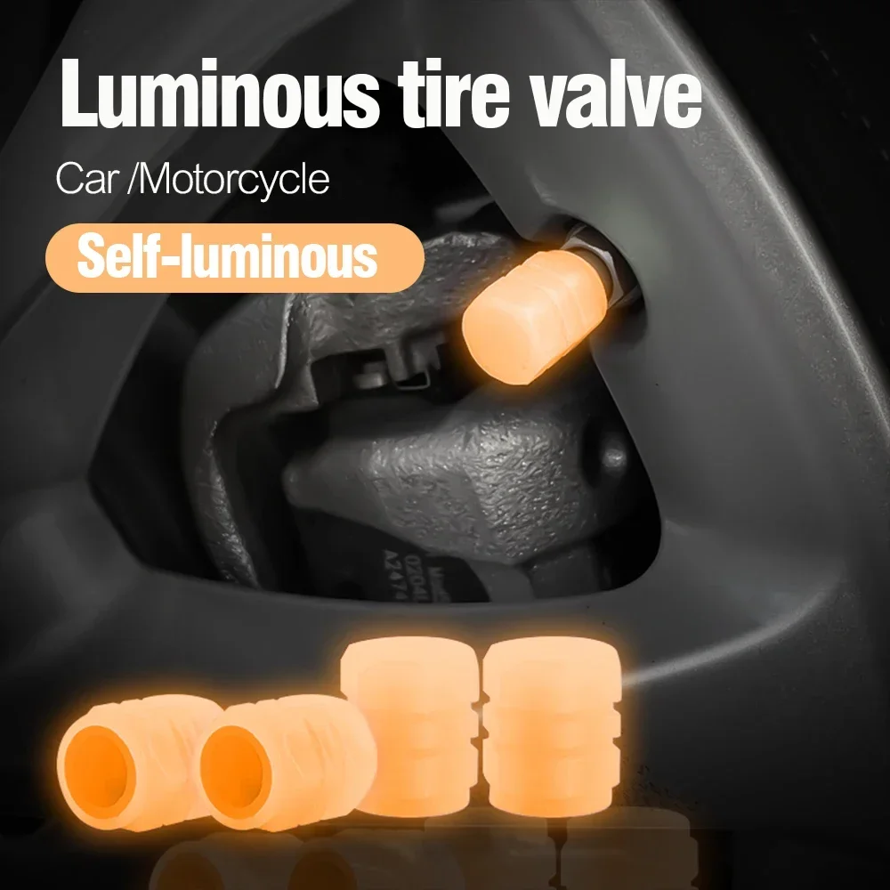 Glowing Tire Valve Caps 4pcs Wheel Hub Night Glowing Fluorescent Orange Car Motorcycle Bike Tire Nipple Covers
