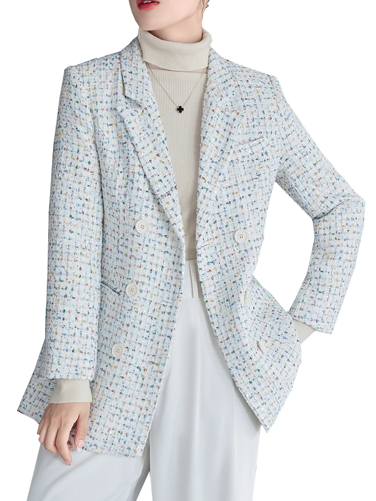 

Fashion Ladies Blazer Black Pink White Plaid Casual Women Jacket Long Sleeve Triple Breasted Female Autumn Winter Coat