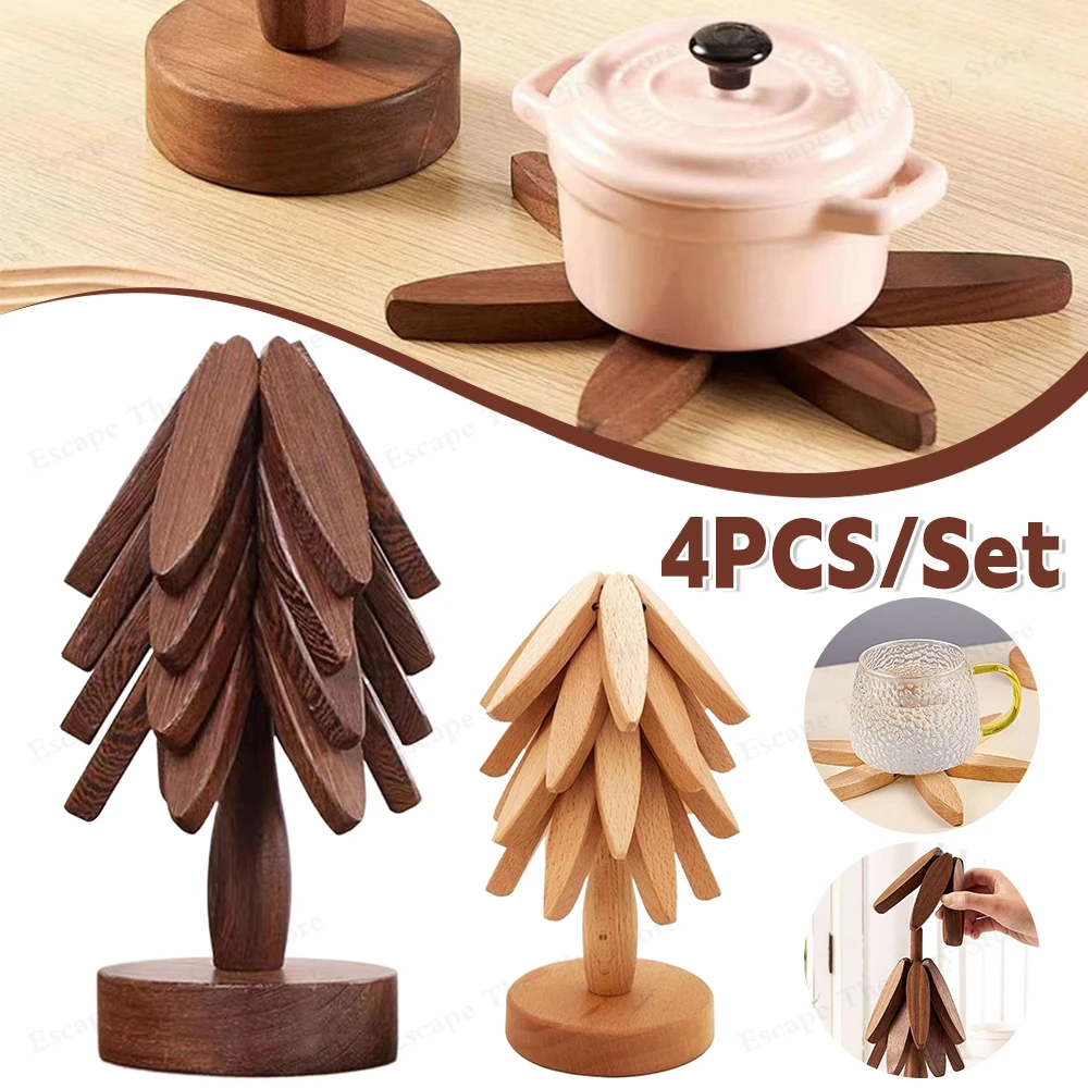 4Pcs/Set Tree Design Stand Wooden Trivets Non-Slip Decorative Anti Scald Heat Resistant Mat Table Accessory for Teapot Hot Pots