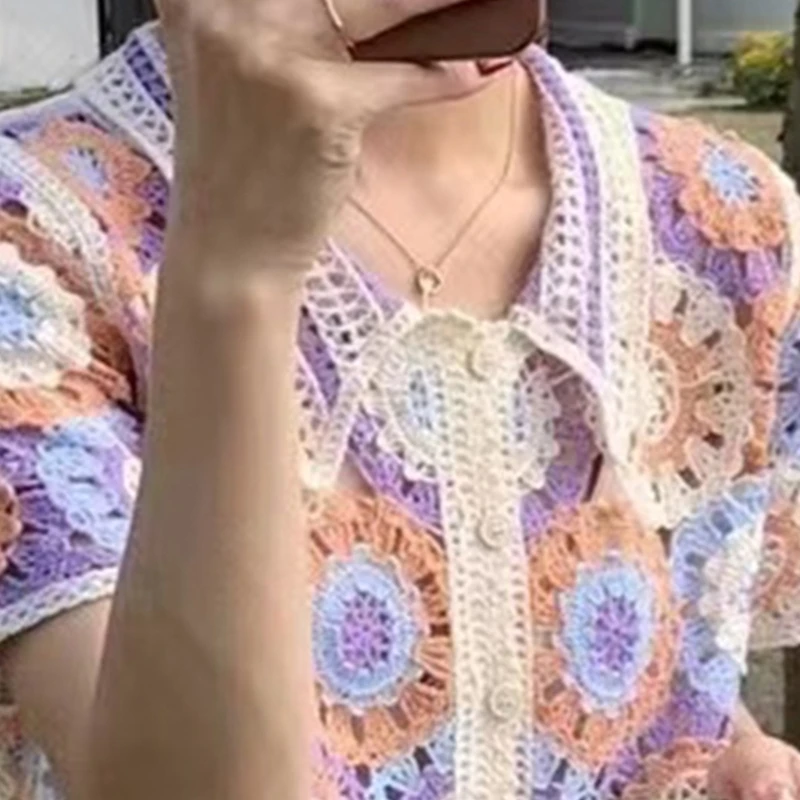 Women Crochet Knit Floral Crop Cardigan Short Sleeve Button Up Sweater Jackets P8DB