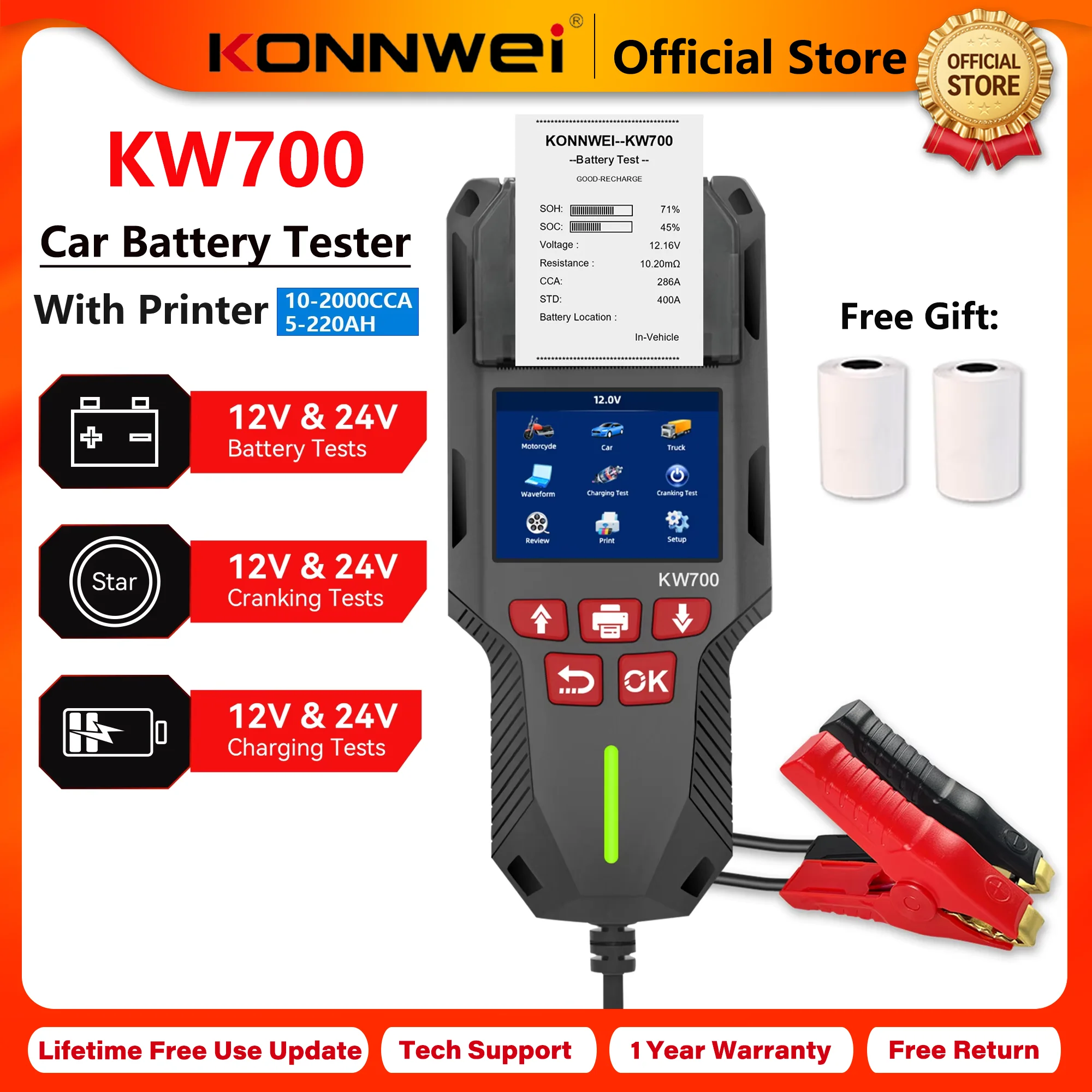 KONNWEI Car Battery Tester KW700, 12V 24V Cranking Charging Test Tool with Print Function for AGM EFB GEL and Lithium Batteries 2026