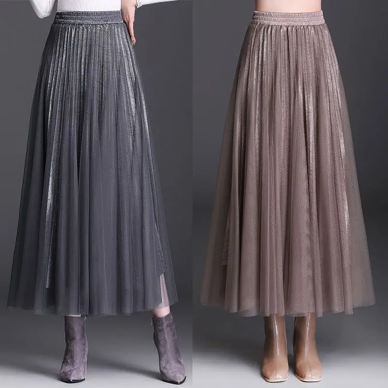 

2023 Autumn New Fashion High Waist Mid Length Mesh A Line Skirt Half Women Pleated Commuter Versatile C21