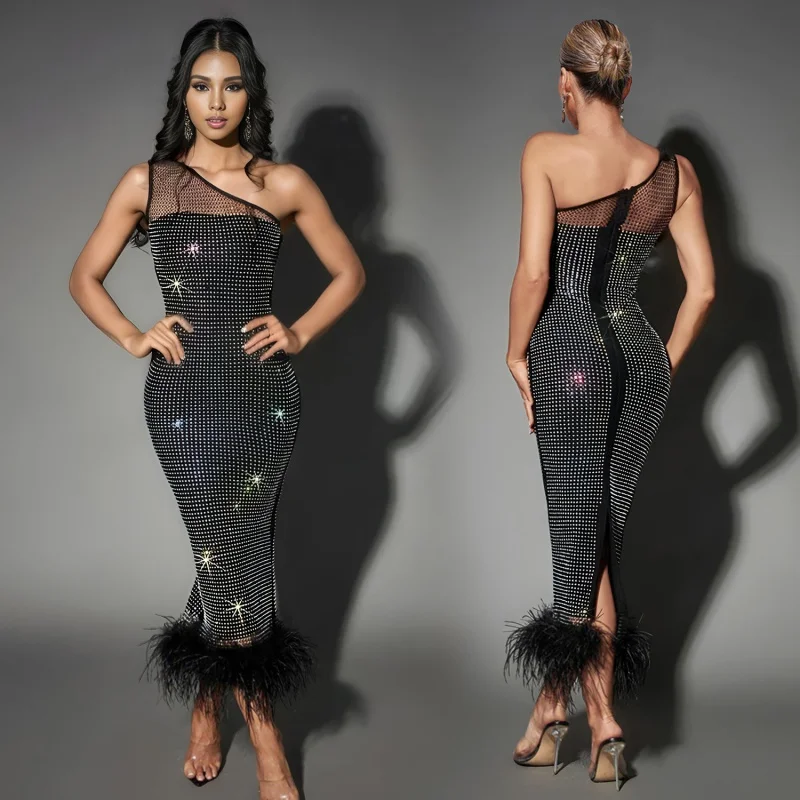 

C6666 Cross-Border AliExpress Amazon European and American Fashion Women's Wear Single Shoulder Mesh Rhinestone Feather Bandage