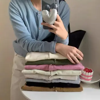 AOSSVIAO 2025 الخريف الشتاء سترة مشغولة من الصوف س الرقبة فضفاضة بلون طويل الأكمام سترة الكورية واحدة الصدر تنوعا القمم 3