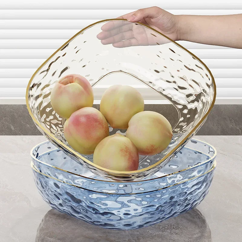 Light Luxury Household Fruit Bowl Salad Dessert Biscuit Plate Plastic Square Transparent Tray Golden Edge Snack Plates Tableware