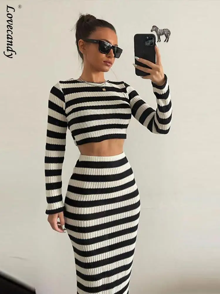 Spring Women's Striped Knited Maxi Skirt Suits Female Eleagnt O Neck  Pullover Sweater Slim Skirt 2 Piece Set Lady Outwear Outfit - AliExpress