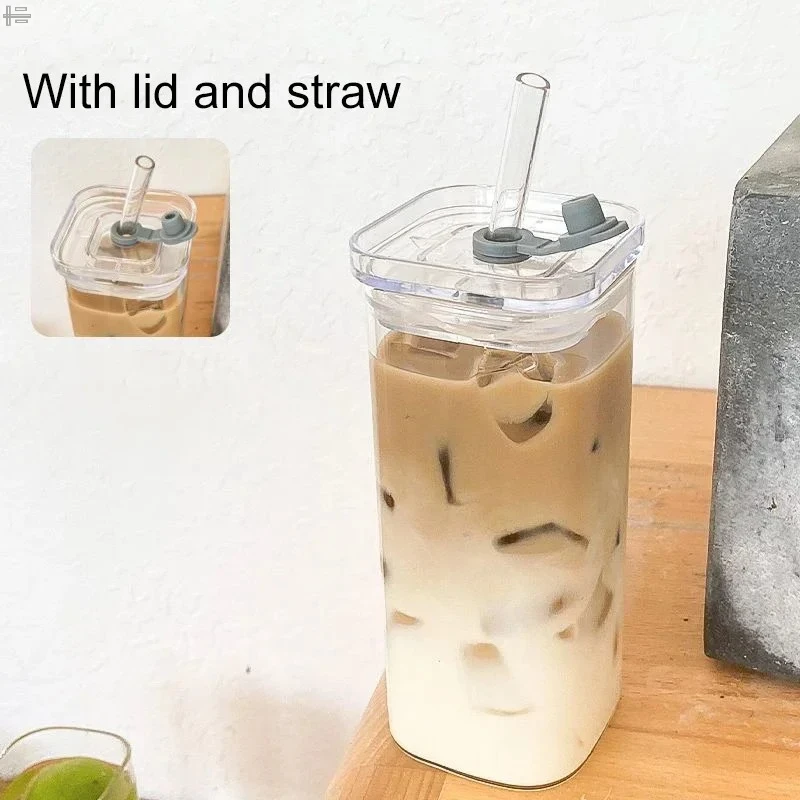 Heat Resistant Coffee Glass Cup Square With Lid and Straw Transparent Milk Tea Juice Cups For Home Bar Drinkware