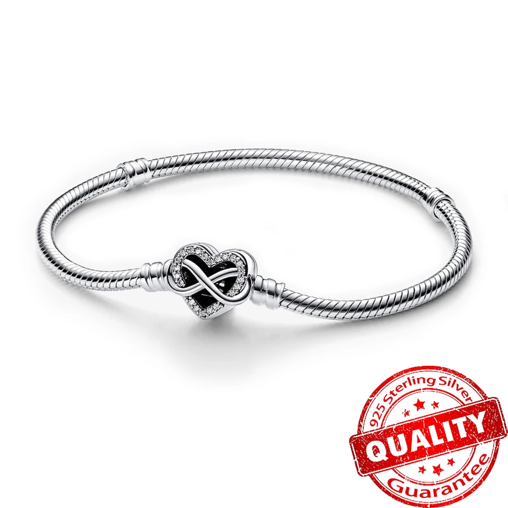 Sparkling Sterling Silver 925 Bangles Infinity Heart Clasp Snake Chain Bracelet Fit DIY Charms Beads Original Jewelry Gift