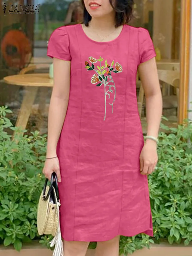 

Винтажное платье с цветочной вышивкой ZANZEA, стильный летний сарафан, женское платье с коротким рукавом и круглым вырезом, Повседневное Платье До Колена