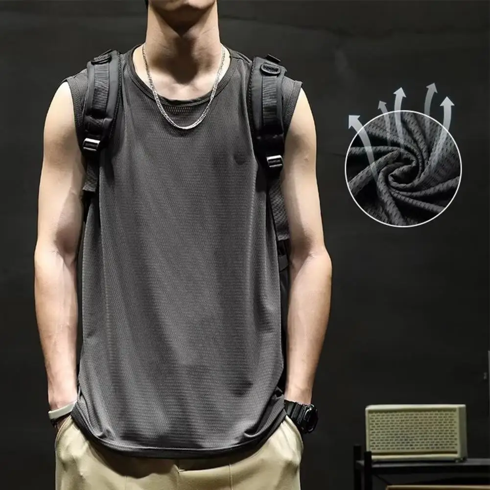

Men Summer Vest Pure Color O Neck Loose Vest Top Elastic Sleeveess Pullover Top Soft Breathable Gym Exercise Sports Tank Top