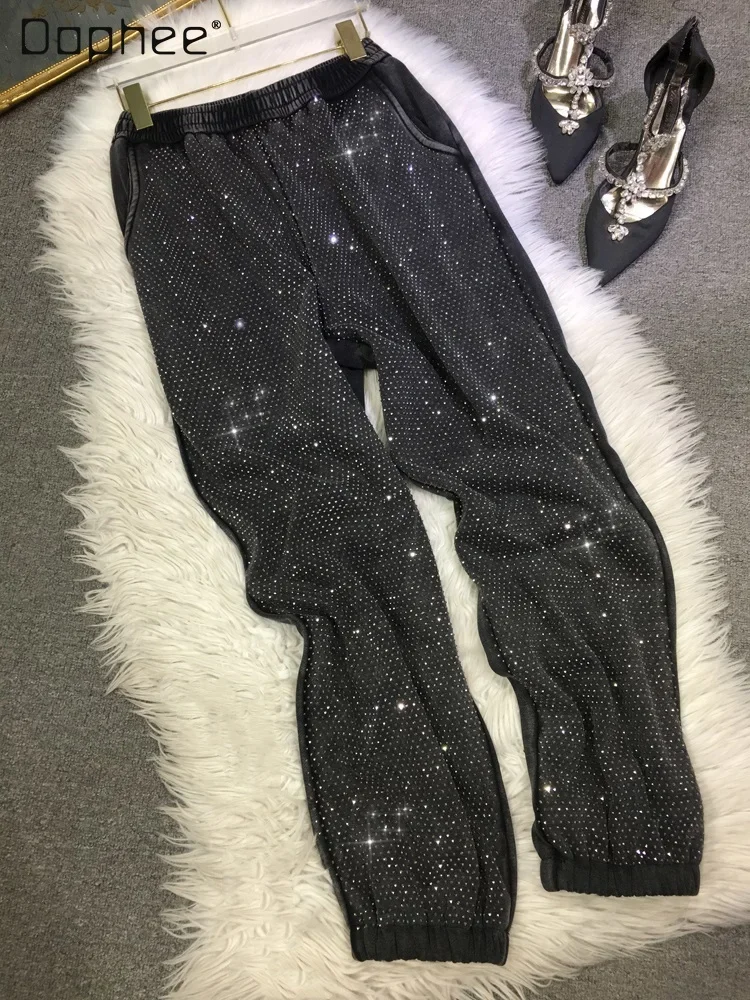 Heavy Embroidery Hot Drilling Shiny Black Ankle-Tied SportsPants Female 2023 Autumn Winter Fleece Thick Sweat Pants Women